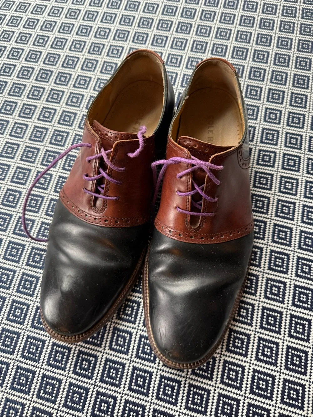 Cole Haan Two-Tone Leather Oxfords in Black and Brown with Purple Laces